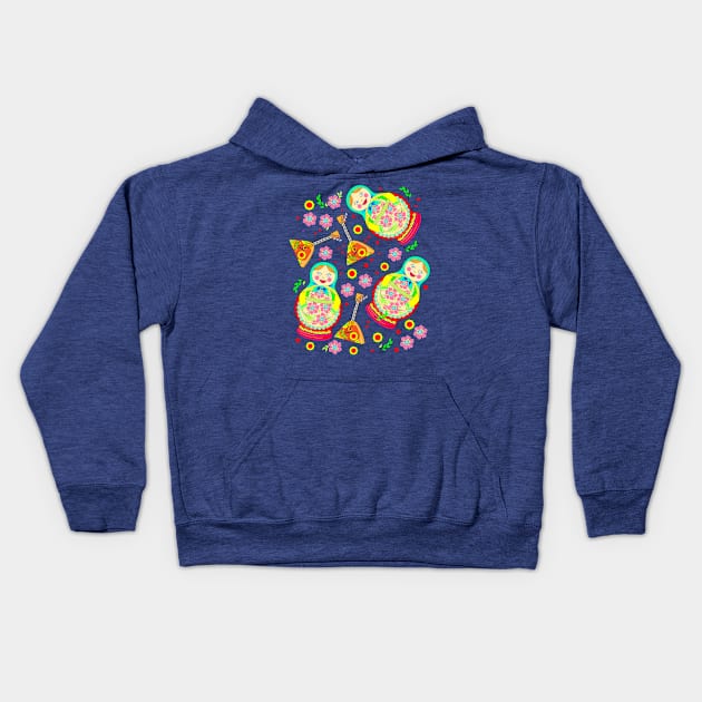 Russian doll Matryoshka and musical instrument balalaika Kids Hoodie by Artist Natalja Cernecka